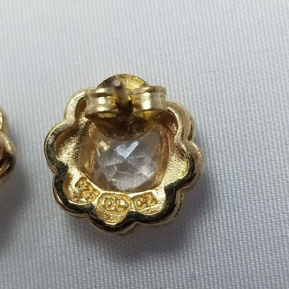 Sterling Silver and CZ Stud Earrings, Halo Design, Gold Wash, Signed DL - Picture 4 of 7